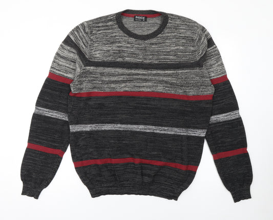 INSIDE Men's Grey Striped Cotton Crew Neck Jumper XL