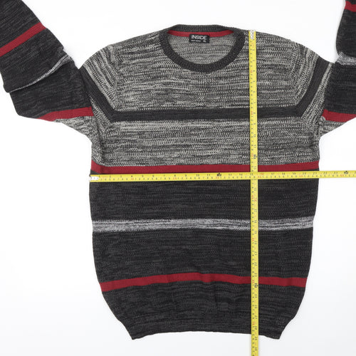 INSIDE Men's Grey Striped Cotton Crew Neck Jumper XL