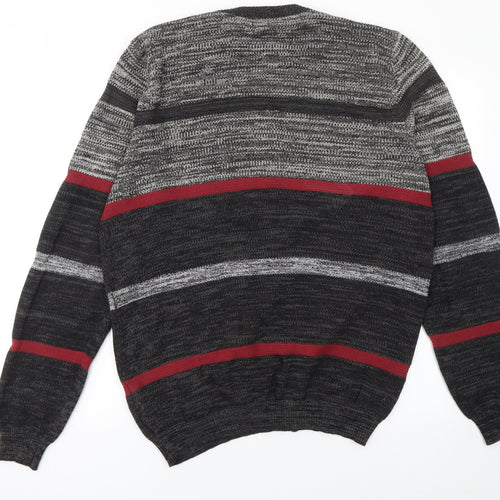 INSIDE Men's Grey Striped Cotton Crew Neck Jumper XL