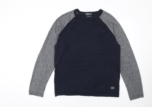 Jack & Jones Men's Blue Grey Cotton Crew Neck Pullover Jumper Medium