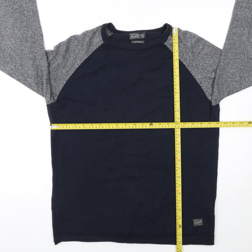 Jack & Jones Men's Blue Grey Cotton Crew Neck Pullover Jumper Medium