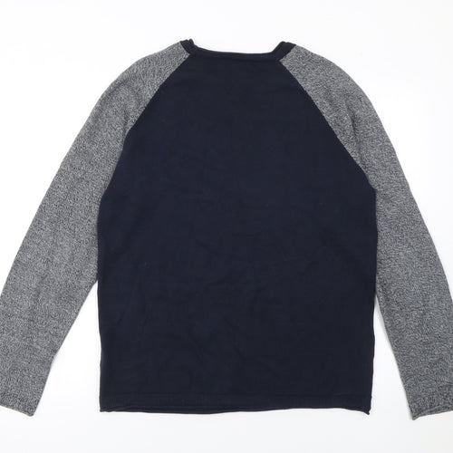Jack & Jones Men's Blue Grey Cotton Crew Neck Pullover Jumper Medium
