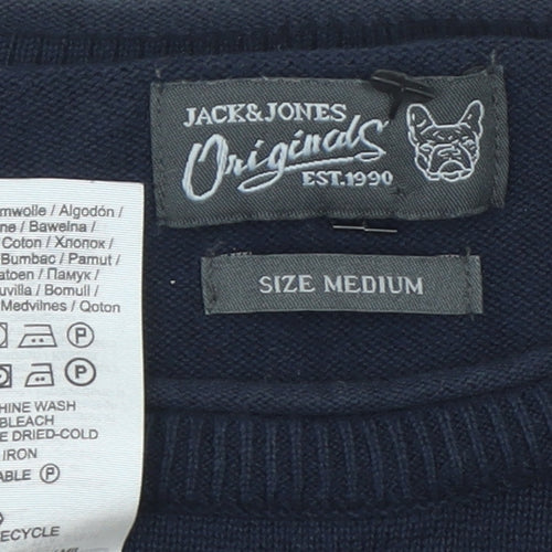 Jack & Jones Men's Blue Grey Cotton Crew Neck Pullover Jumper Medium