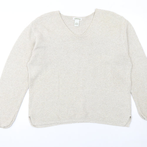 Orvis Women Beige Cotton Acrylic V-Neck Knit Jumper Size L