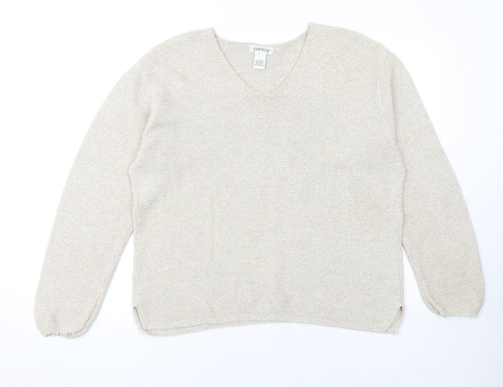 Orvis Women Beige Cotton Acrylic V-Neck Knit Jumper Size L