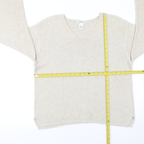 Orvis Women Beige Cotton Acrylic V-Neck Knit Jumper Size L