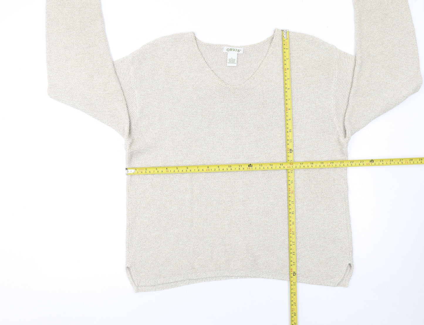 Orvis Women Beige Cotton Acrylic V-Neck Knit Jumper Size L