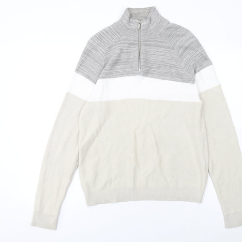 Primark Men's Beige Colour Block Cotton 1/2 Zip Jumper Small