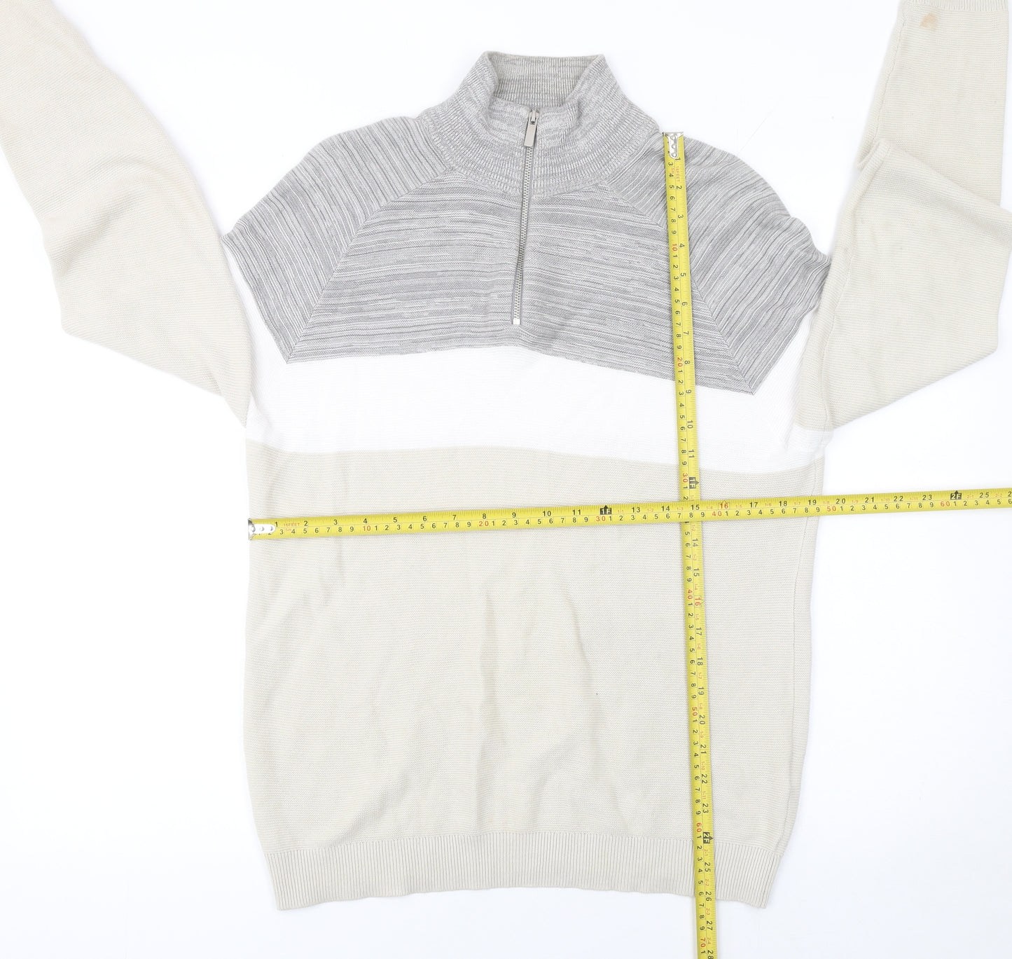 Primark Men's Beige Colour Block Cotton 1/2 Zip Jumper Small