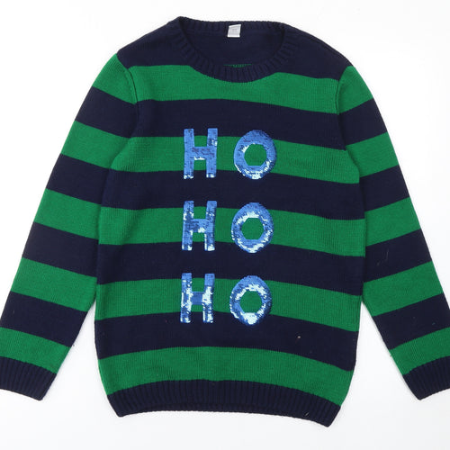 Tu Boys Green & Navy Striped Sequin HOHOHO Christmas Jumper 12 Years