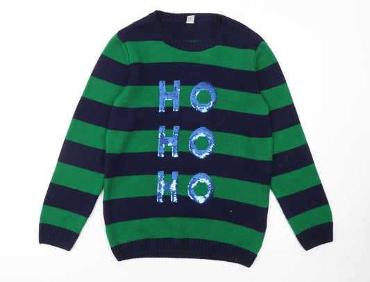 Tu Boys Green & Navy Striped Sequin HOHOHO Christmas Jumper 12 Years