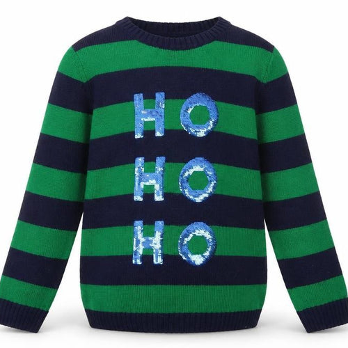 Tu Boys Green & Navy Striped Sequin HOHOHO Christmas Jumper 12 Years