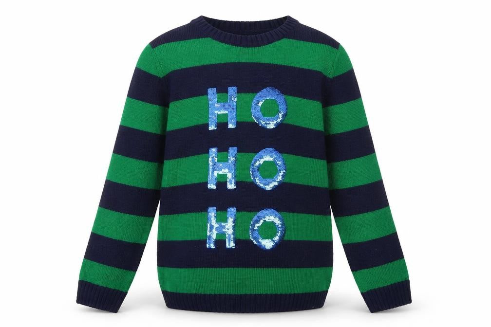 Tu Boys Green & Navy Striped Sequin HOHOHO Christmas Jumper 12 Years