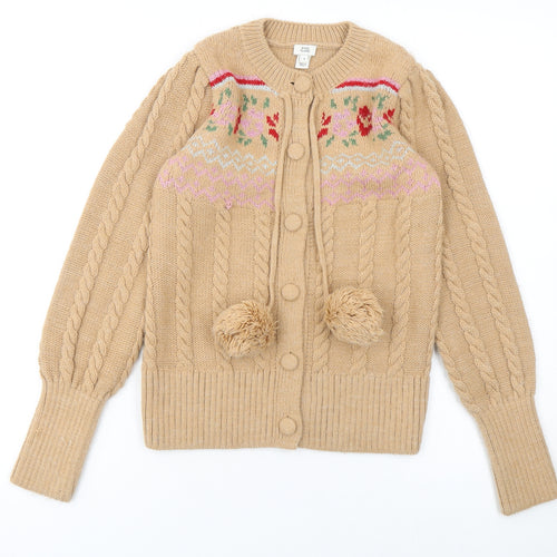 River Island Women Beige Cable-Knit Cardigan UK 8 Pom Pom Fair Isle