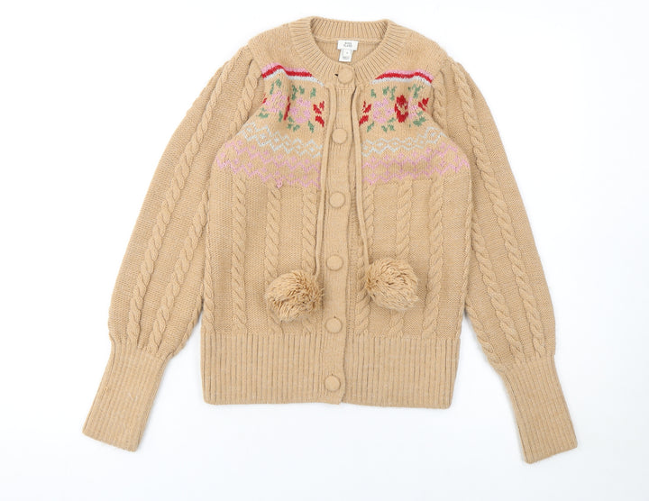 River Island Women Beige Cable-Knit Cardigan UK 8 Pom Pom Fair Isle