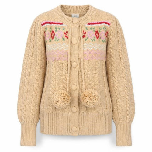 River Island Women Beige Cable-Knit Cardigan UK 8 Pom Pom Fair Isle