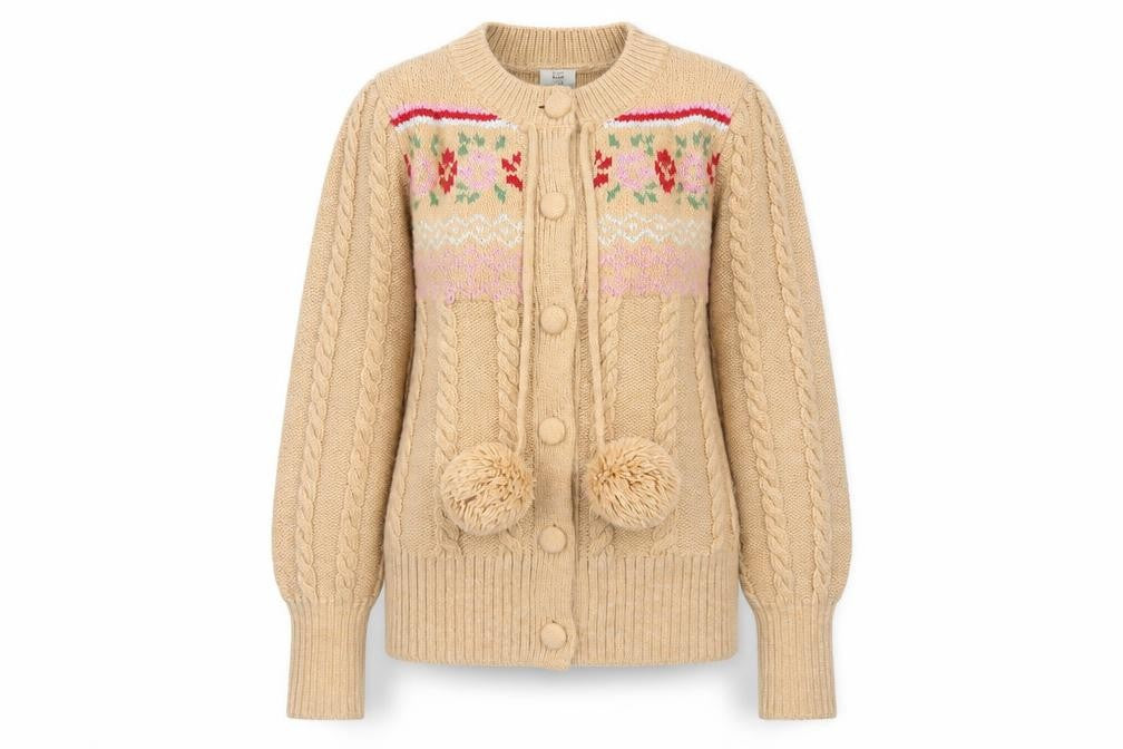 River Island Women Beige Cable-Knit Cardigan UK 8 Pom Pom Fair Isle