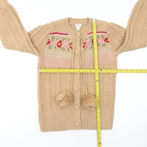River Island Women Beige Cable-Knit Cardigan UK 8 Pom Pom Fair Isle