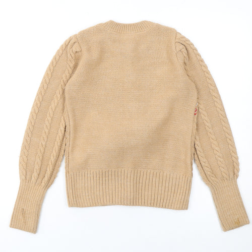 River Island Women Beige Cable-Knit Cardigan UK 8 Pom Pom Fair Isle
