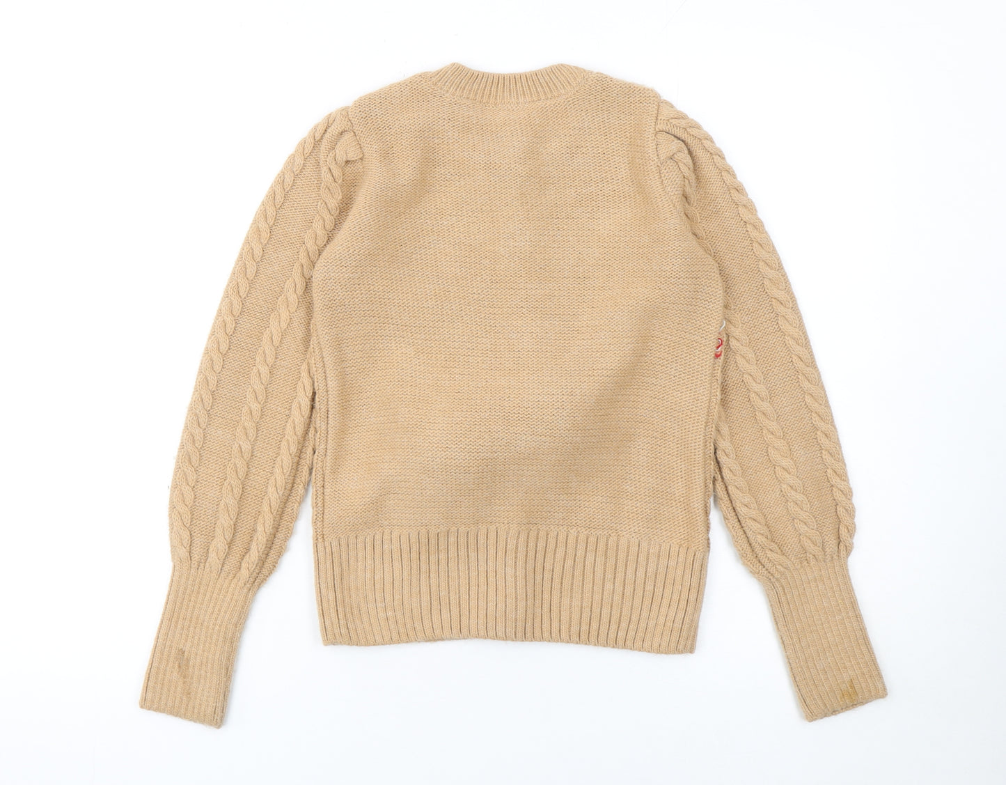 River Island Women Beige Cable-Knit Cardigan UK 8 Pom Pom Fair Isle