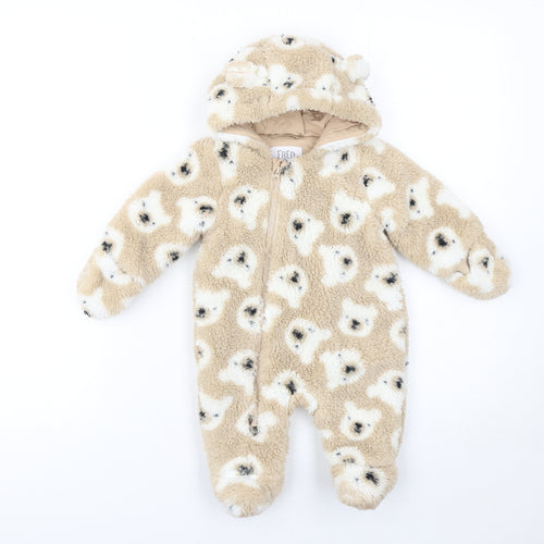 F&F Unisex Beige Teddy Fleece Hooded Babygrow 0-3 Months