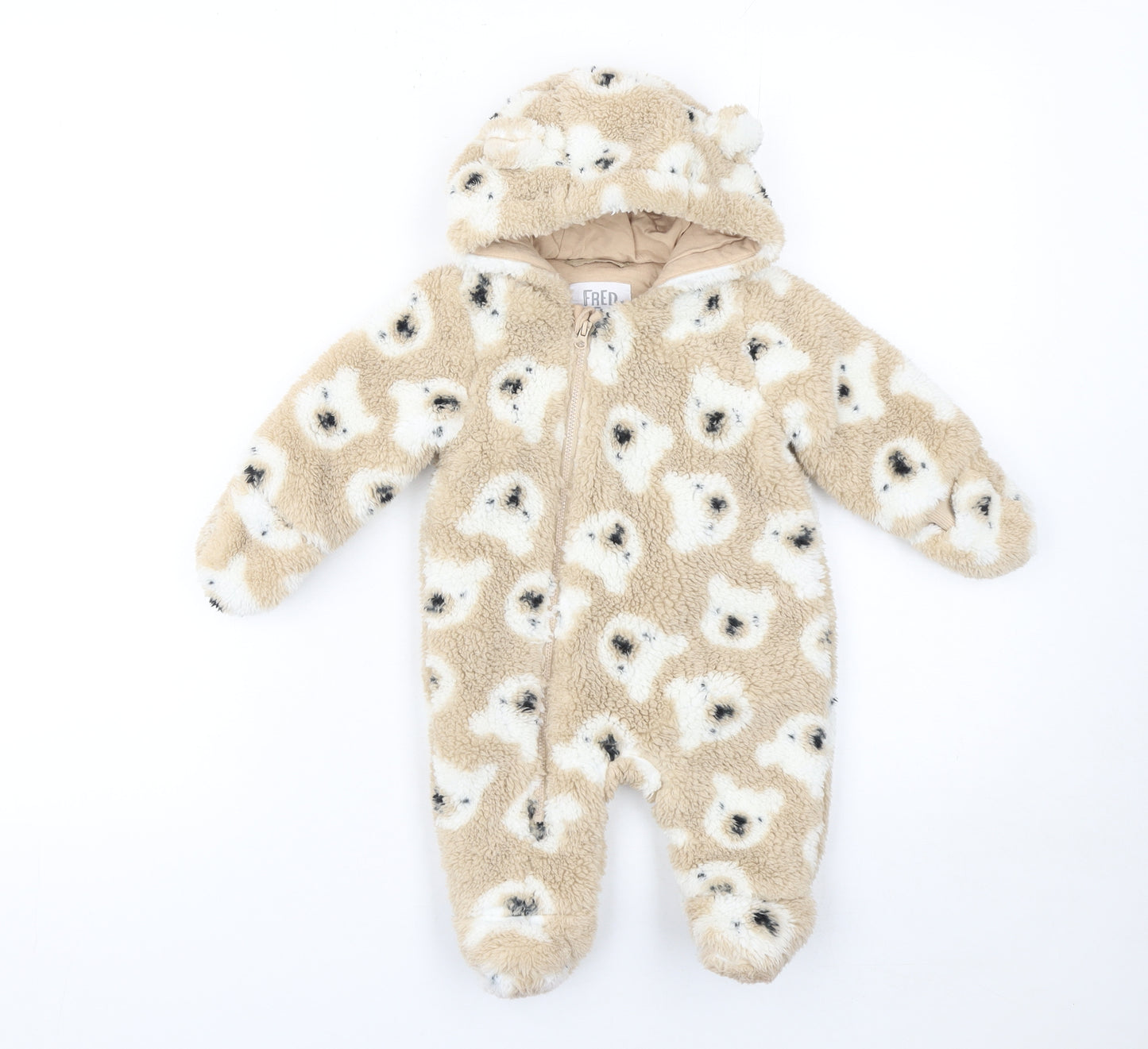 F&F Unisex Beige Teddy Fleece Hooded Babygrow 0-3 Months