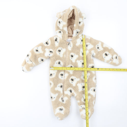 F&F Unisex Beige Teddy Fleece Hooded Babygrow 0-3 Months
