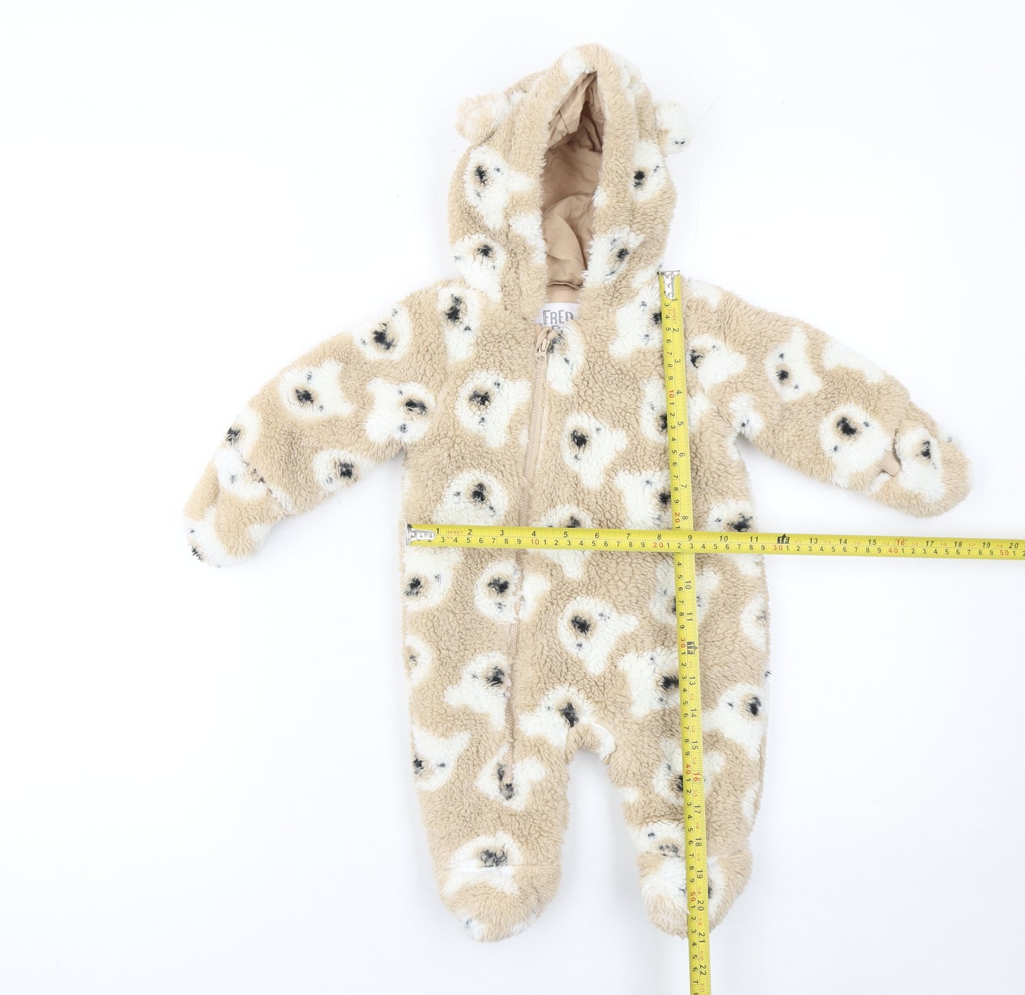 F&F Unisex Beige Teddy Fleece Hooded Babygrow 0-3 Months