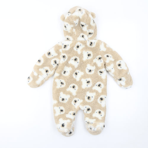 F&F Unisex Beige Teddy Fleece Hooded Babygrow 0-3 Months