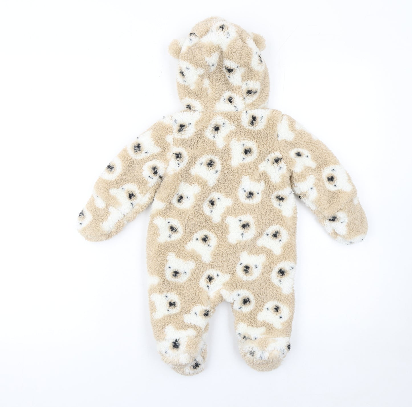 F&F Unisex Beige Teddy Fleece Hooded Babygrow 0-3 Months