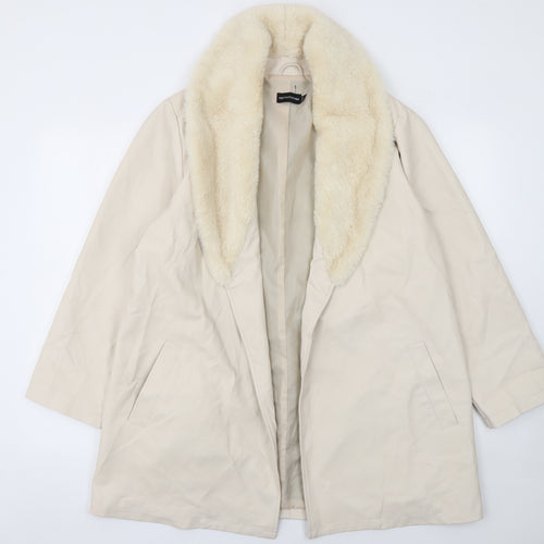 PrettyLittleThing Women Beige Faux Leather Fur Trim Coat UK 6 Mid-Length