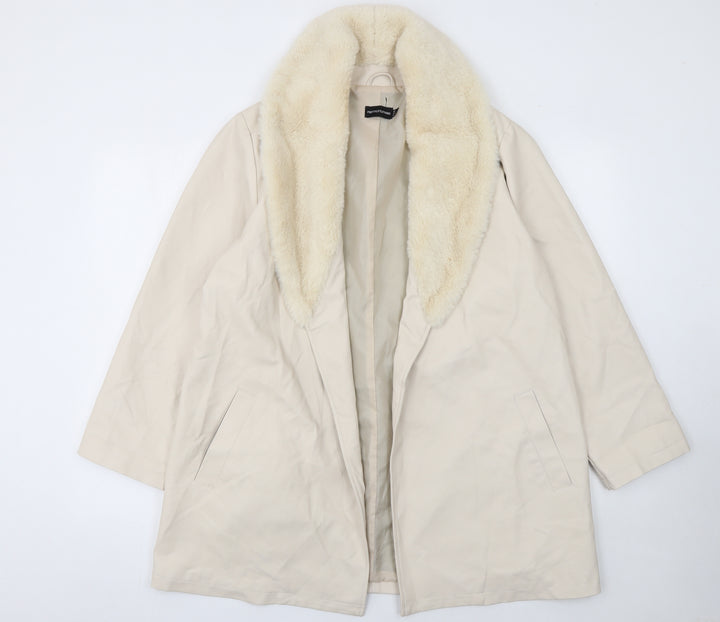 PrettyLittleThing Women Beige Faux Leather Fur Trim Coat UK 6 Mid-Length