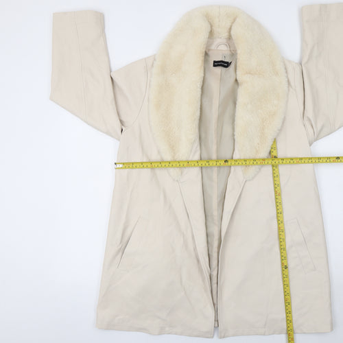 PrettyLittleThing Women Beige Faux Leather Fur Trim Coat UK 6 Mid-Length