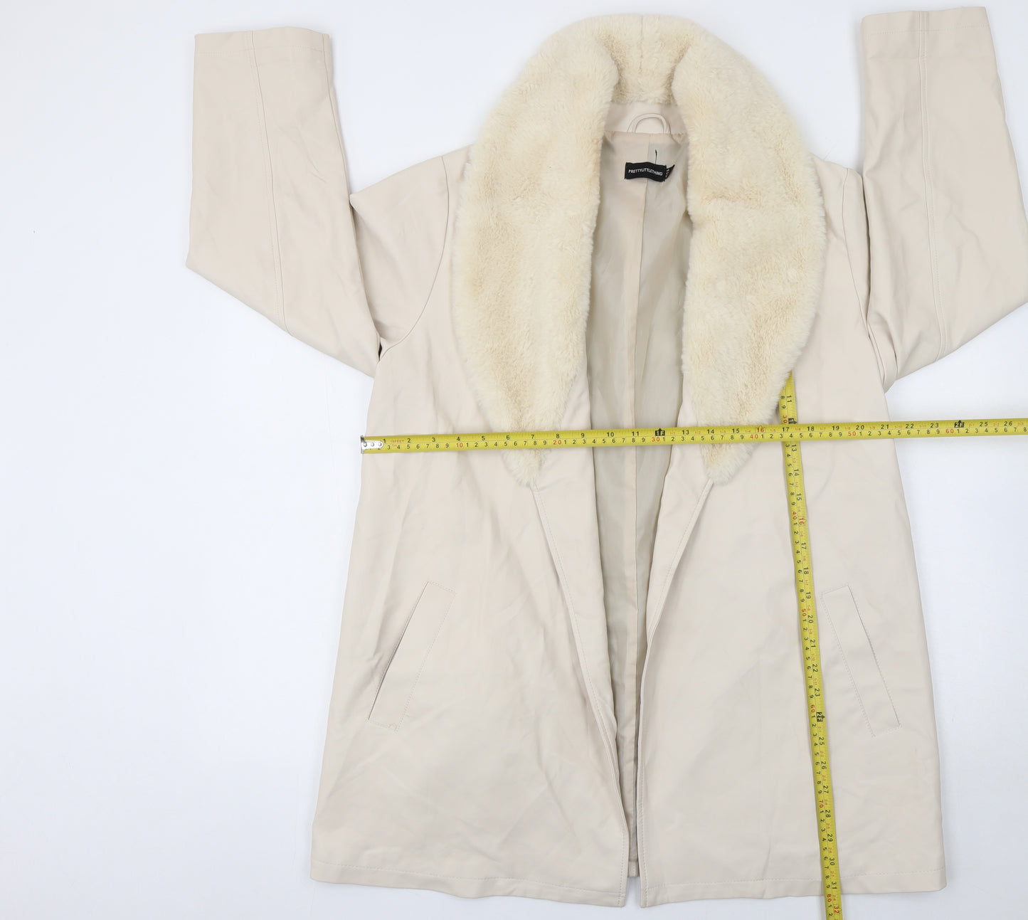 PrettyLittleThing Women Beige Faux Leather Fur Trim Coat UK 6 Mid-Length