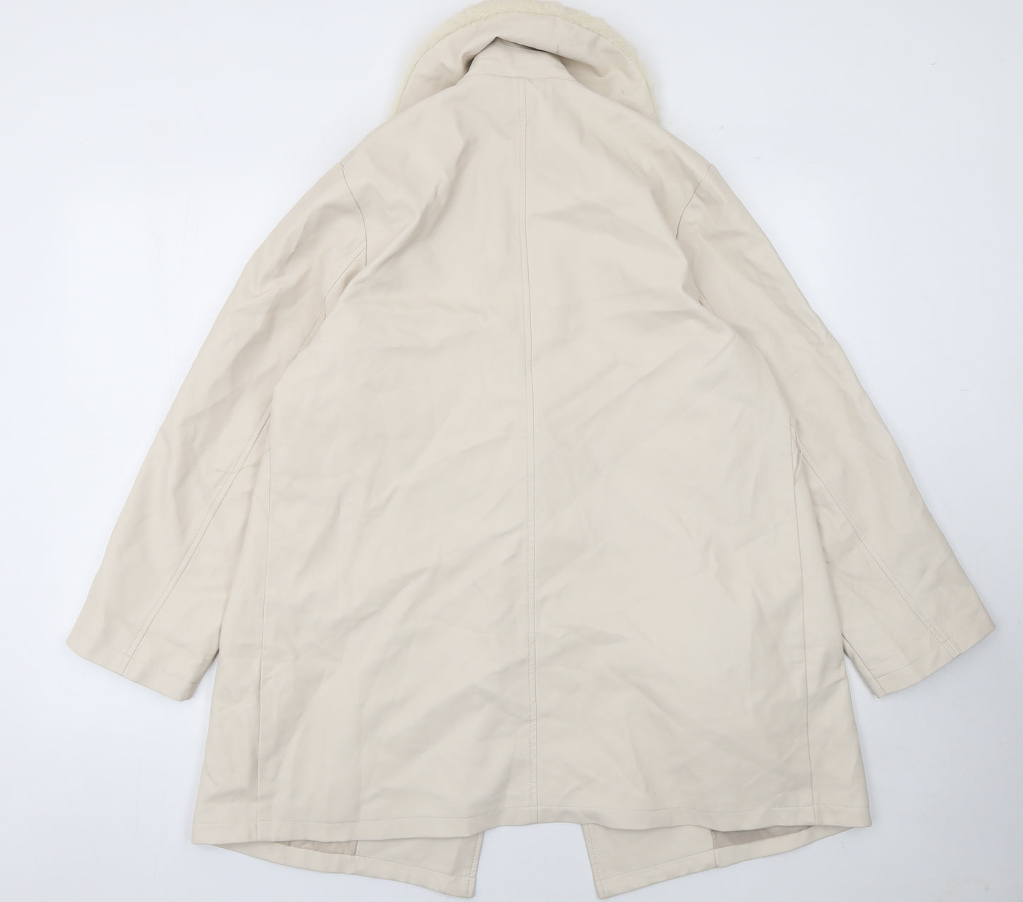 PrettyLittleThing Women Beige Faux Leather Fur Trim Coat UK 6 Mid-Length