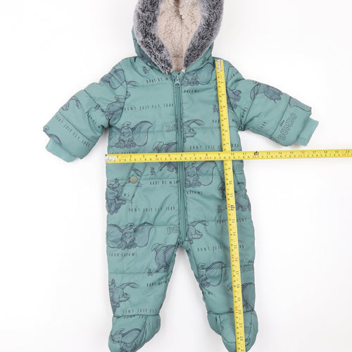 Disney Baby George Green Dumbo Snowsuit 3-6 Months Hooded Faux Fur Lined