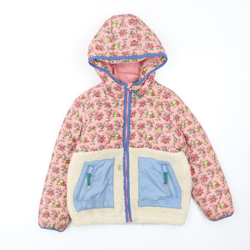 Mini Boden Girls Pink Floral Hooded Puffer Jacket 7-8 Years Quilted Sherpa