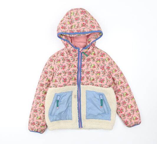 Mini Boden Girls Pink Floral Hooded Puffer Jacket 7-8 Years Quilted Sherpa