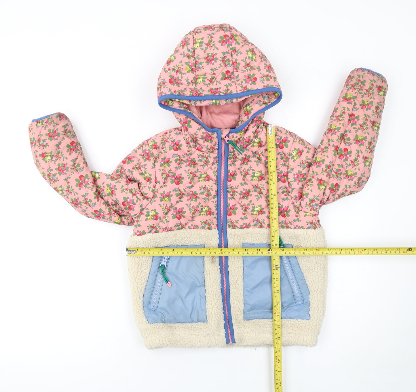 Mini Boden Girls Pink Floral Hooded Puffer Jacket 7-8 Years Quilted Sherpa