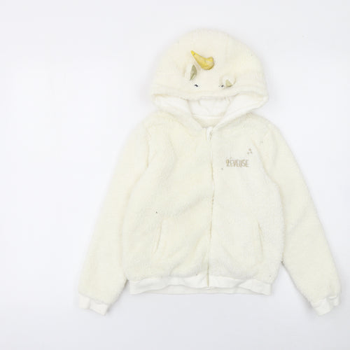Reveuse Girls Ivory Unicorn Hooded Fleece Jacket Age 8 Long Sleeve Zip-Up