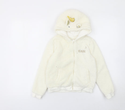 Reveuse Girls Ivory Unicorn Hooded Fleece Jacket Age 8 Long Sleeve Zip-Up