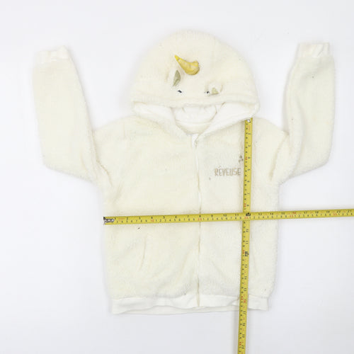 Reveuse Girls Ivory Unicorn Hooded Fleece Jacket Age 8 Long Sleeve Zip-Up
