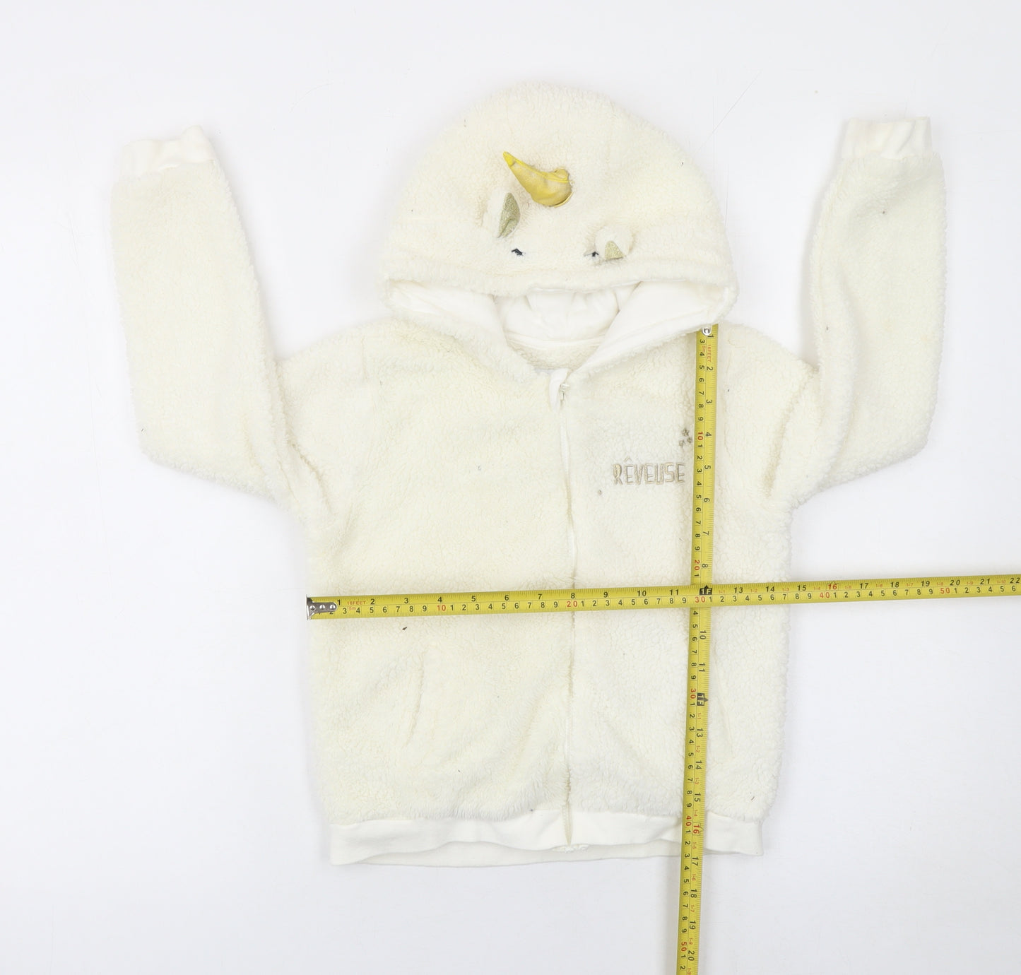 Reveuse Girls Ivory Unicorn Hooded Fleece Jacket Age 8 Long Sleeve Zip-Up