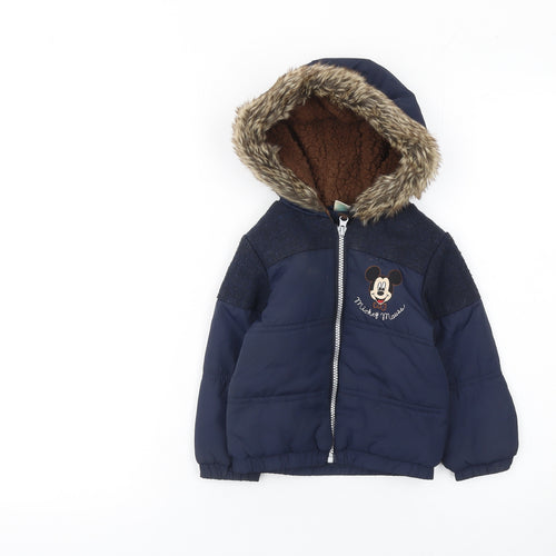 Disney Baby Unisex Blue 12-18 Months Mickey Mouse Puffer Jacket with Faux Fur Hood