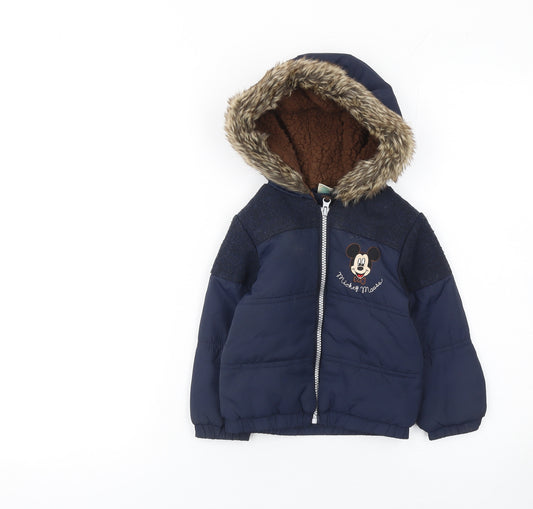 Front view of Disney Baby unisex blue 12-18 months mickey mouse puffer jacket with faux fur hood
