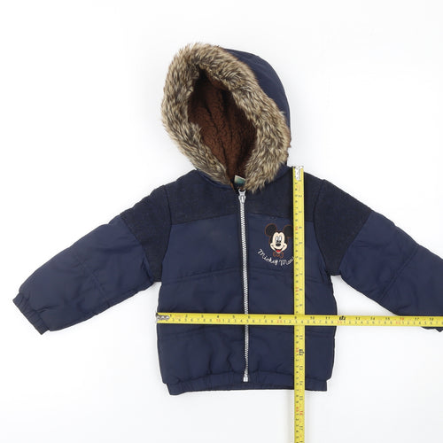 Disney Baby Unisex Blue 12-18 Months Mickey Mouse Puffer Jacket with Faux Fur Hood