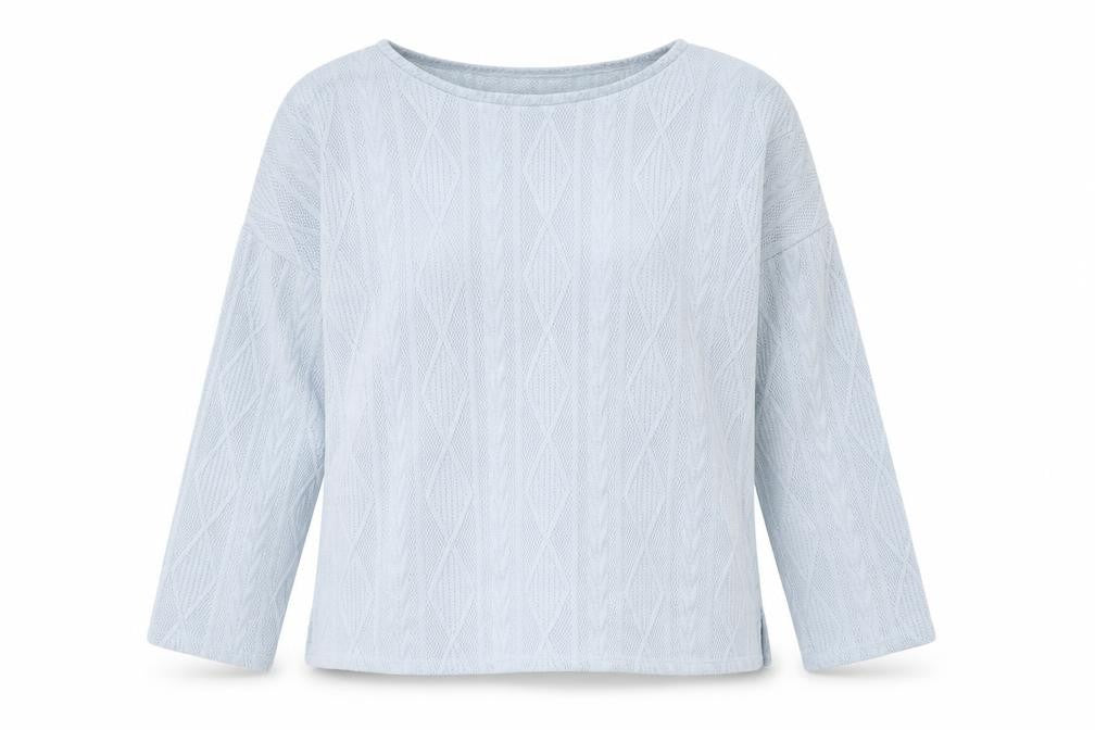 Front view of Bonmarché Women Blue Cable-Knit Crew Neck Jumper, size 14