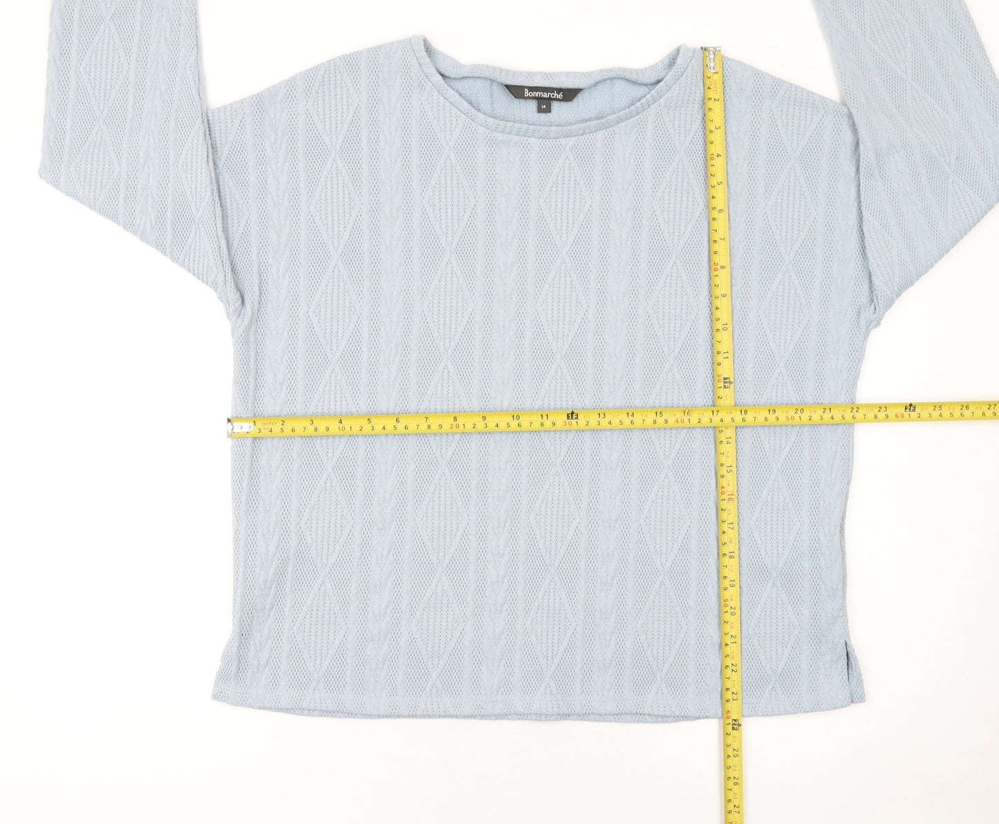 Bonmarché Women Blue Cable-Knit Crew Neck Jumper Size 14