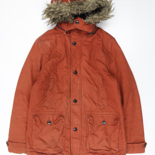 Ted Baker Men's Brown L Hooded Cotton Parka Coat with Faux Fur Trim