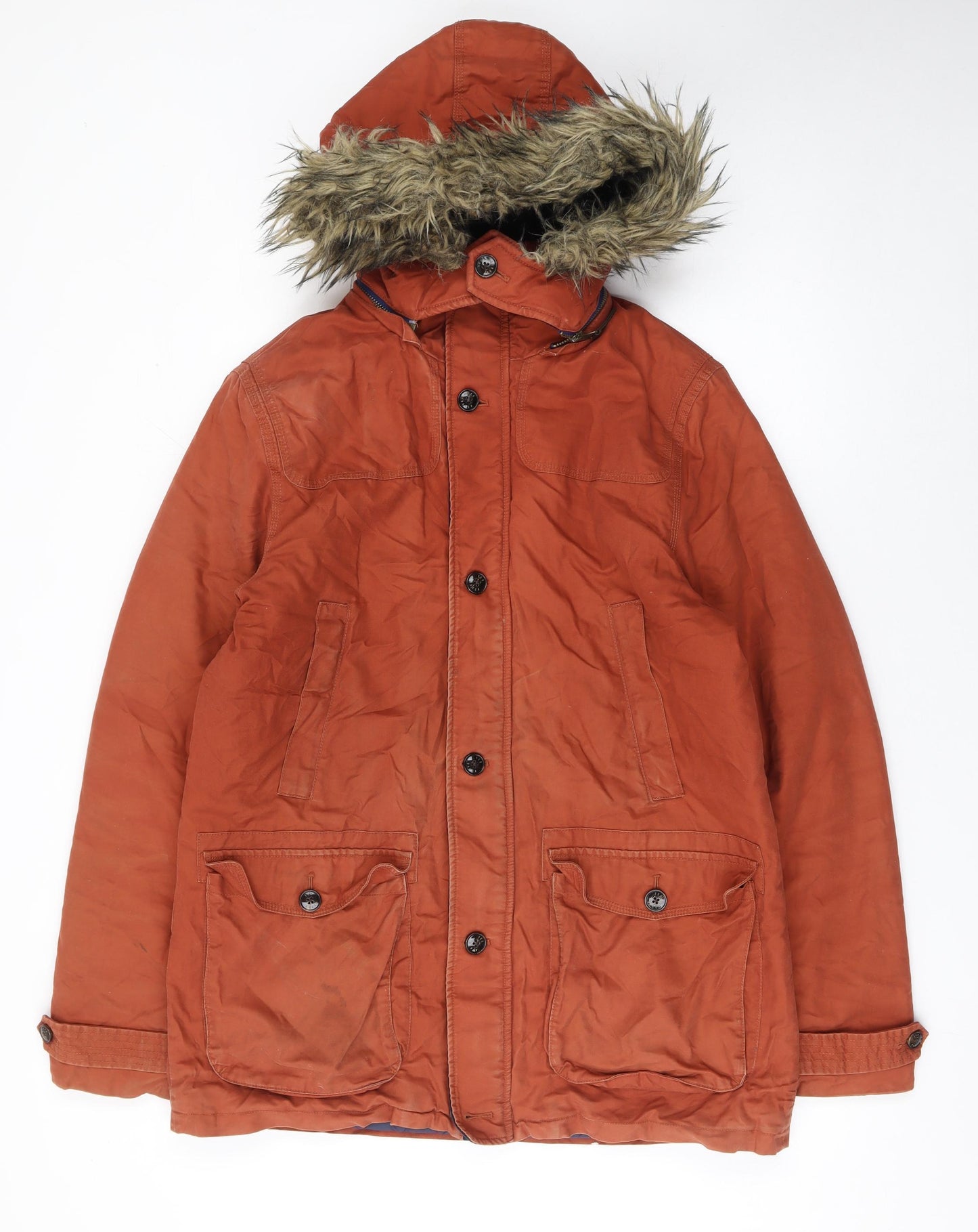 Ted Baker Men's Brown L Hooded Cotton Parka Coat with Faux Fur Trim